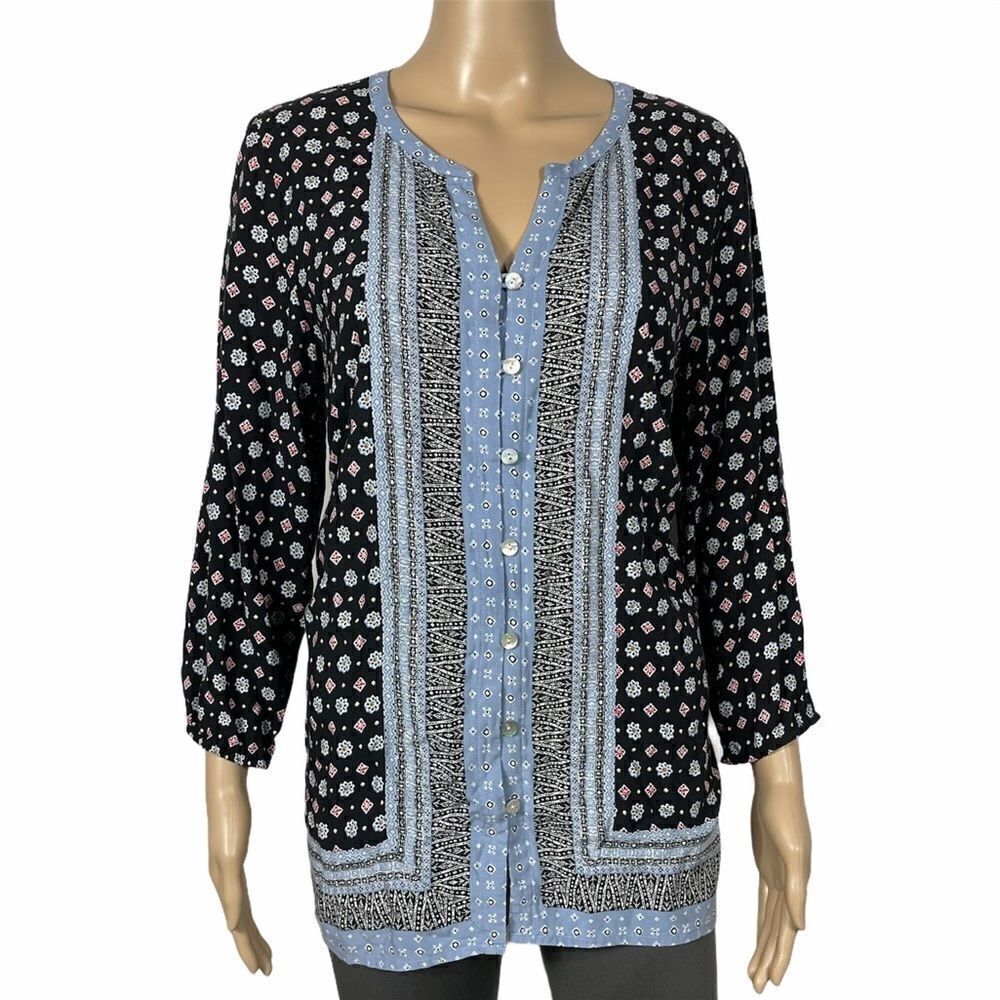 J. Jill Black and Blue Aztec Floral Pattern Blouse